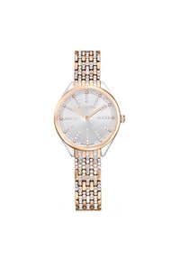 Roze goud en zilveren horloge met een gestructureerde zilveren wijzerplaat en diamantachtige accenten. Bevat een schakelarmband met afwisselende gouden en zilveren strengen.