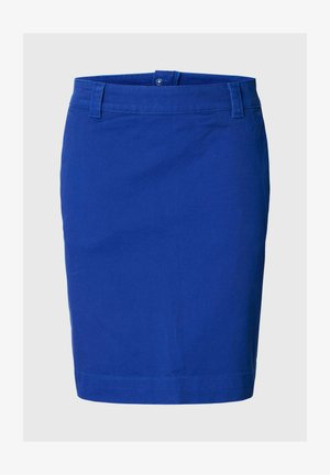 Blå blyantskjørt til knelengde med beltestropper og trykknapp på midjebåndet, vist på ensfarget bakgrunn.