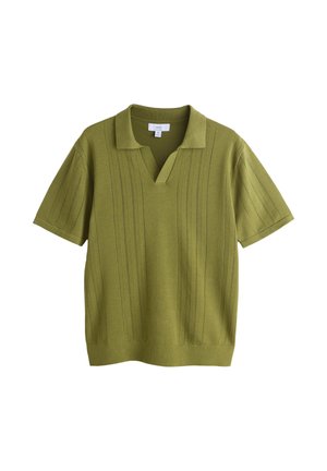 Korte mouw olijfgroene gebreide poloshirt met verticale gestructureerde strepen en een V-hals met inkeping.