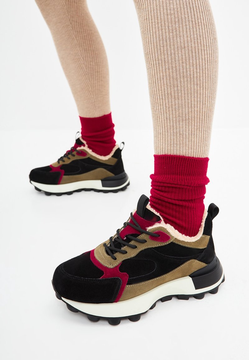Baskets noires, olive et rouges avec des semelles blanches épaisses portées avec des chaussettes rouges et des leggings côtelés beige sur un fond blanc.