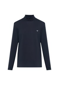 Maglia nera a maniche lunghe con collo alto, realizzata in tessuto liscio ed elastico. Presenta un logo discreto sul petto e un design aderente.