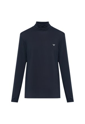 Maglia nera a maniche lunghe con collo alto, realizzata in tessuto liscio ed elastico. Presenta un logo discreto sul petto e un design aderente.