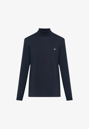 Maglia nera a maniche lunghe con collo alto, realizzata in tessuto liscio ed elastico. Presenta un logo discreto sul petto e un design aderente.