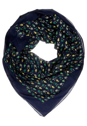 Mørkeblå trekantet tørklæde med spredte grønne, gule og grå dråbeformede mønstre, letvægtsstof, arrangeret i en løs cirkel.