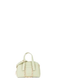 Piccola borsa a mano verde chiaro con due manici superiori, tracolla regolabile e dettaglio decorativo in catena dorata sulla parte anteriore.