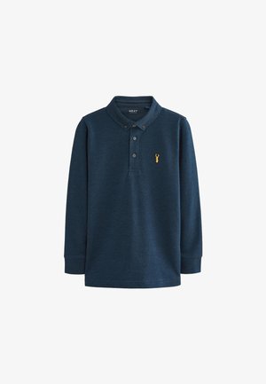 Marineblauwe long-sleeve polo shirt van textuurstof, met een drieknopenplacket en een klein gouden kreeftlogo op de borst.