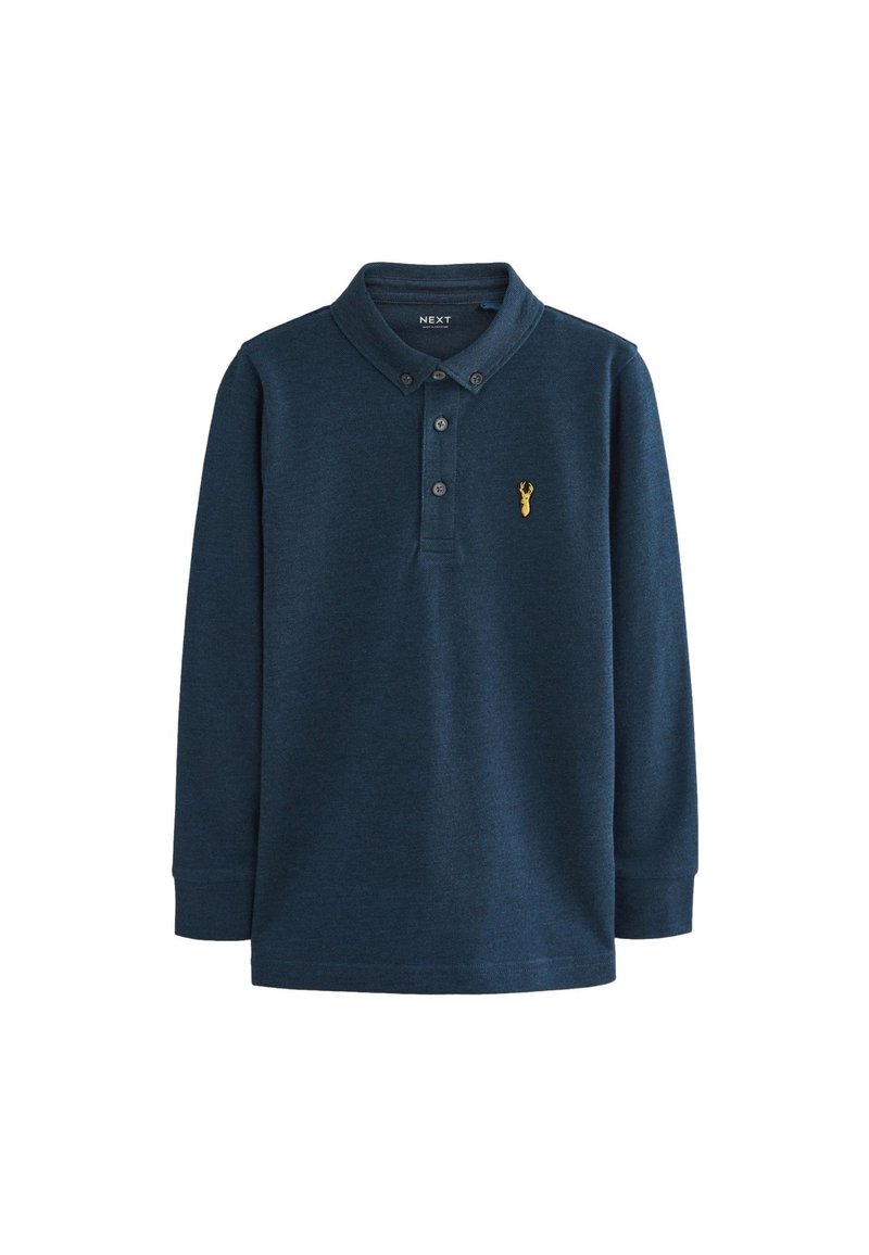 Marinblå långärmad polo tröja i strukturerad tyg, med en treknapps placket och en liten gyllene hummerlogotyp på bröstet.