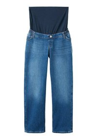 Niebieskie dżinsy z szerokim, elastycznym granatowym pasem. Projekt obejmuje tradycyjne kieszenie oraz prosty krój nogawek.