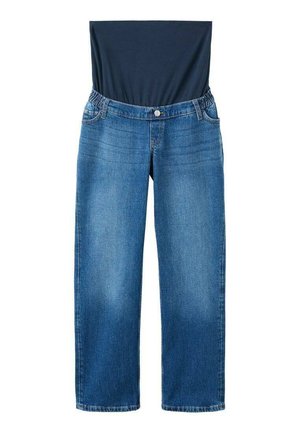 Niebieskie dżinsy z szerokim, elastycznym granatowym pasem. Projekt obejmuje tradycyjne kieszenie oraz prosty krój nogawek.