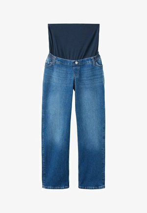Niebieskie dżinsy z szerokim, elastycznym granatowym pasem. Projekt obejmuje tradycyjne kieszenie oraz prosty krój nogawek.