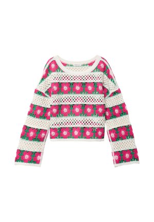 Haken trui met lange mouwen, afwisselend witte mesh en roze bloemenstrepen met groene bladeren, ronde halslijn en een licht cropped pasvorm.