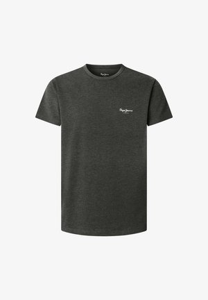 Ciemnoszara koszulka wykonana z miękkiego materiału, z okrągłym dekoltem i krótkimi rękawami. Małe białe logo na piersi. Krój standardowy.