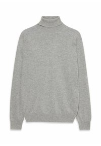 Maglione a collo alto grigio chiaro realizzato in morbido tessuto a maglia, con una vestibilità rilassata, maniche lunghe e rifiniture a coste sui polsini e sul colletto.