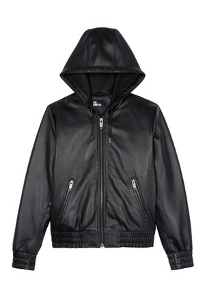 Veste à capuche en cuir noir avec fermeture éclair sur le devant, poches latérales zippées et poignets et ourlet élastiqués.