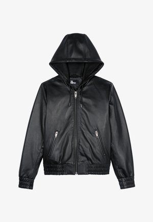 Schwarze Lederjacke mit Kapuze, vorderem Reißverschluss, seitlichen Reißverschlusstaschen und elastischen Bündchen sowie Saum.