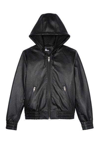 Zwarte leren hoodie jack met een rits aan de voorkant, ritszakken aan de zijkant en elastische manchetten en zoom.
