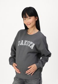 Sudadera gris con la palabra "DAKOTA" en texto contrastante, puños de canalé, corte relajado y textura suave. Lleva puesta sobre un vientre redondeado.