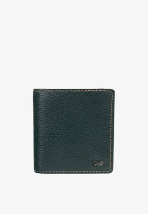 Portafoglio in pelle verde scuro con cuciture beige e un piccolo emblema di rinoceronte nero nell'angolo inferiore destro.