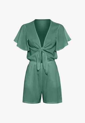 Zeleno, kratko rukavno kombinezon s globokim V-izrezom, sprednjim vozlom in elastičnim pasom. Gladek, lahek material z udobnim krojem.