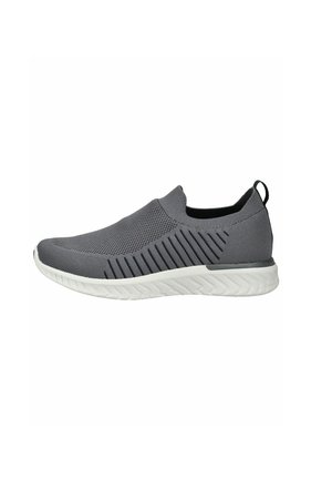Gray slip-on shoe made of breathable mesh, featuring a textured upper with striped accents and a contrasting white sole.