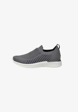 Gray slip-on shoe made of breathable mesh, featuring a textured upper with striped accents and a contrasting white sole.