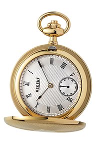 Gouden zakhorloge met een gestructureerde zilveren wijzerplaat, Romeinse cijfers, een kleine subdial en een decoratieve bovenhandgreep. Ronde vorm en gepolijste afwerking.