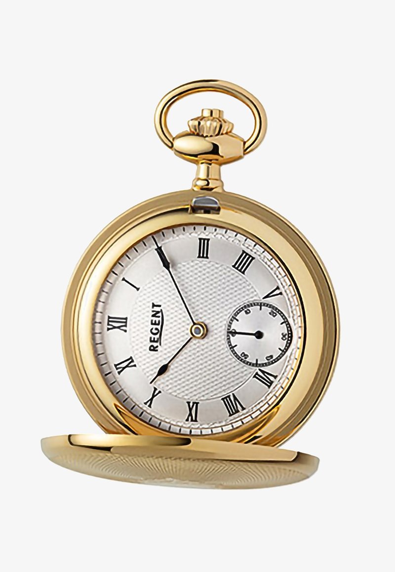 Gouden zakhorloge met een gestructureerde zilveren wijzerplaat, Romeinse cijfers, een kleine subdial en een decoratieve bovenhandgreep. Ronde vorm en gepolijste afwerking.
