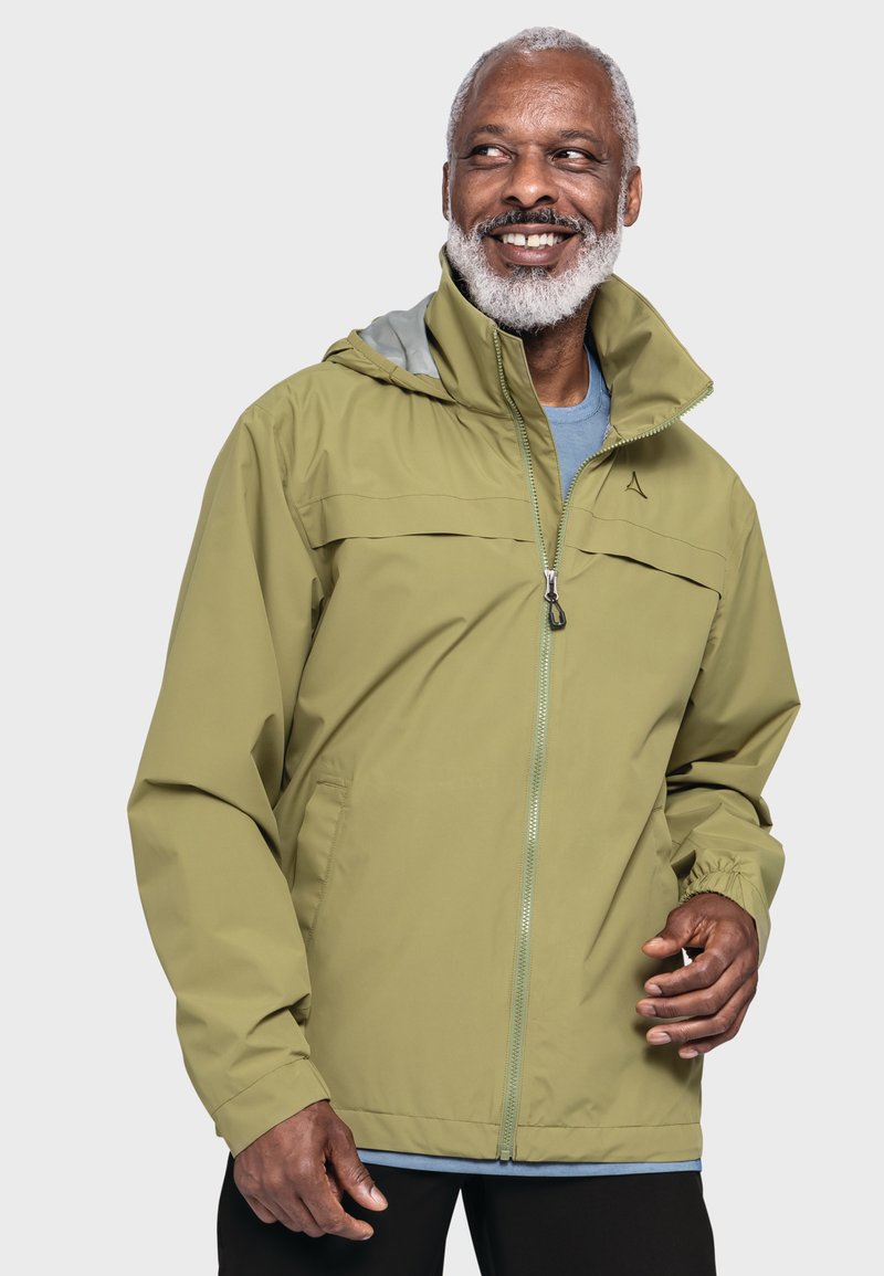 Olivgrüne Jacke mit Kapuze, durchgehendem Reißverschluss, elastischen Bündchen und grauem Innenfutter. Verfügt über eine Brusttasche mit Branding-Detail.