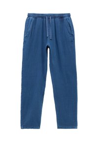 Blaue Baumwoll-Jogginghosen mit elastischem Bund und Kordelzug, ausgestattet mit zwei Seitentaschen und einer lockeren Passform. Glatte Textur.