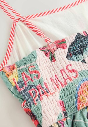 Multicolor floral top with smocked design and red and white striped straps. Features soft fabric with a lightweight texture.