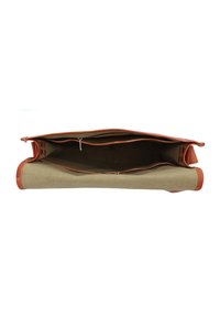 Beige Canvas Tasche mit braunen Lederakzenten. Mit einem Reißverschlussverschluss und einem offenen Innenraum ohne sichtbare Fächer.