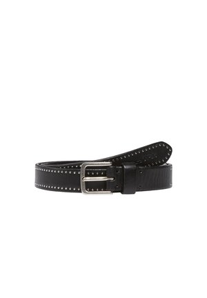 Ceinture en cuir noir avec boucle en métal argenté et petits clous ronds espacés régulièrement le long de ses bords.