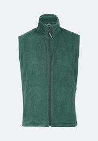 Grüner Fleece-Weste mit hohem Kragen, durchgehendem Frontreißverschluss, eingearbeiteten Armöffnungen und Seitentaschen. Weicher Stoff und leichtes Material.