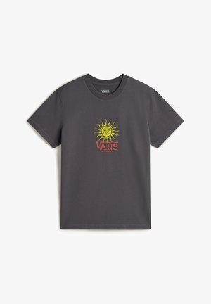 T-shirt in cotone grigio con una grafica del sole giallo e la scritta "VANS" in lettere rosse sotto il design. Maniche corte, scollo rotondo, vestibilità standard.
