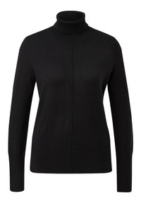 Pull noir à col roulé à manches longues avec une couture centrale et des poignets ajustés, présenté sur un fond blanc uni.