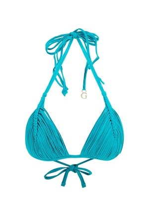 Teal bikini-top med trekantede skåle, der har lodrette plisseringer, flettede stropper og justerbare slips i nakken og på ryggen. Guld accenter med "G" detalje.
