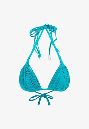 Teal bikini top met driehoekige cups met verticale plooien, gevlochten bandjes en verstelbare strikjes rond de nek en op de rug. Gouden accent "G" detail.