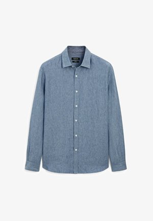 Lichtblauw overhemd met knopen, gemaakt van textuurstof. Beschikt over een klassieke kraag en lange mouwen met knoopmanchetten.