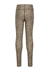 Luipaardprint leggings in beige en bruin, gemaakt van rekbare stof, met een hoge taille en een nauwsluitende pasvorm. Achteraanzicht weergegeven.