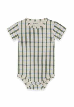 Lyhythihainen bodysuit, jossa on beige väri ja vihreä-sininen ruudullinen kuosi. Siinä on pyöreä kaula-aukko ja nepparit alaosassa.