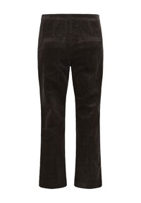Pantalon en velours côtelé marron foncé, design à jambe droite avec des côtes verticales. Comprend deux poches arrière et une ceinture.