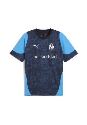 Mørkeblå kortærmet fodboldtrøje med lysblå detaljer, der har et struktureret mønster, Puma-logo og Marseille-cremen på fronten.