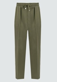Pantalons légers de couleur olive avec une taille élastique, un cordon de serrage ajustable et des jambes droites au texture lisse.
