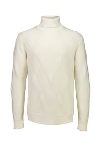 Cremfarbener Rollkragenpullover mit einem strukturierten Diamantmuster, gerippten Bündchen und Saum. Hergestellt aus gestricktem Material hat er eine taillierte Silhouette.