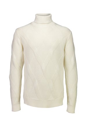 Cremfarbener Rollkragenpullover mit einem strukturierten Diamantmuster, gerippten Bündchen und Saum. Hergestellt aus gestricktem Material hat er eine taillierte Silhouette.