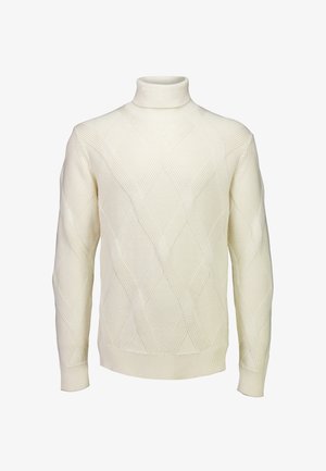 Cremfarbener Rollkragenpullover mit einem strukturierten Diamantmuster, gerippten Bündchen und Saum. Hergestellt aus gestricktem Material hat er eine taillierte Silhouette.