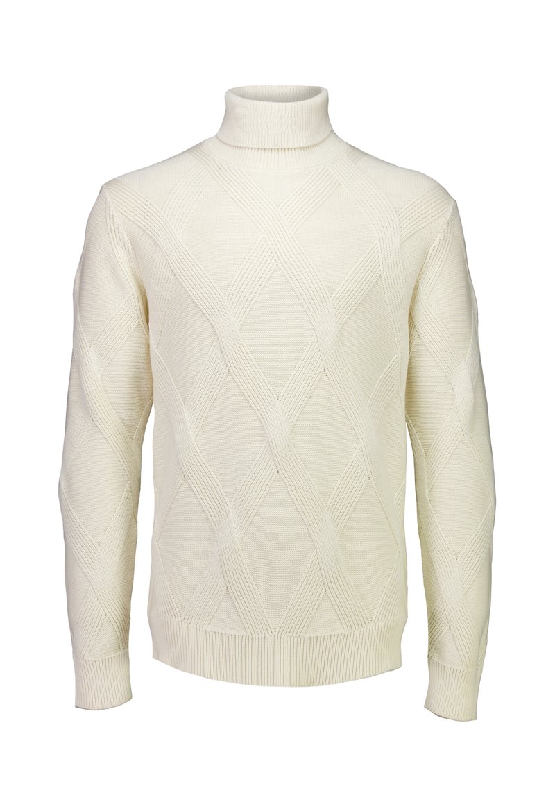 Cremfarbener Rollkragenpullover mit einem strukturierten Diamantmuster, gerippten Bündchen und Saum. Hergestellt aus gestricktem Material hat er eine taillierte Silhouette.