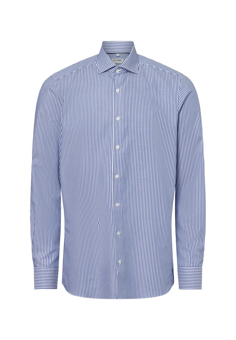 Blau-weiße gestreifte Langarmbluse mit Button-Down-Kragen, Vorderknöpfen und geknöpften Manschetten. Glatte Baumwollstoffstruktur.