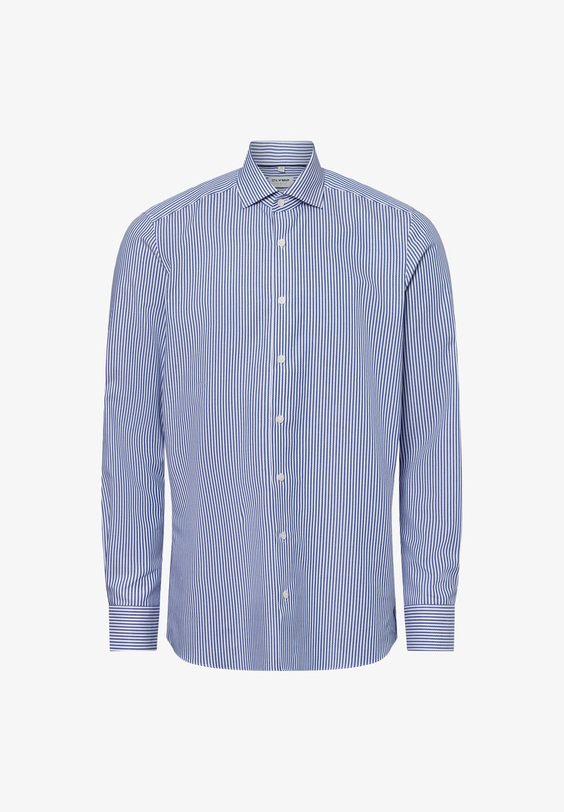 Blau-weiße gestreifte Langarmbluse mit Button-Down-Kragen, Vorderknöpfen und geknöpften Manschetten. Glatte Baumwollstoffstruktur.