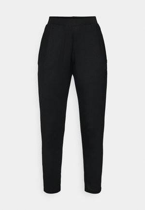Pantaloni negri conici cu talie elastică, dotati cu buzunare laterale și o textură netedă, moale. Potriviți pentru ținute casual sau activități sportive.